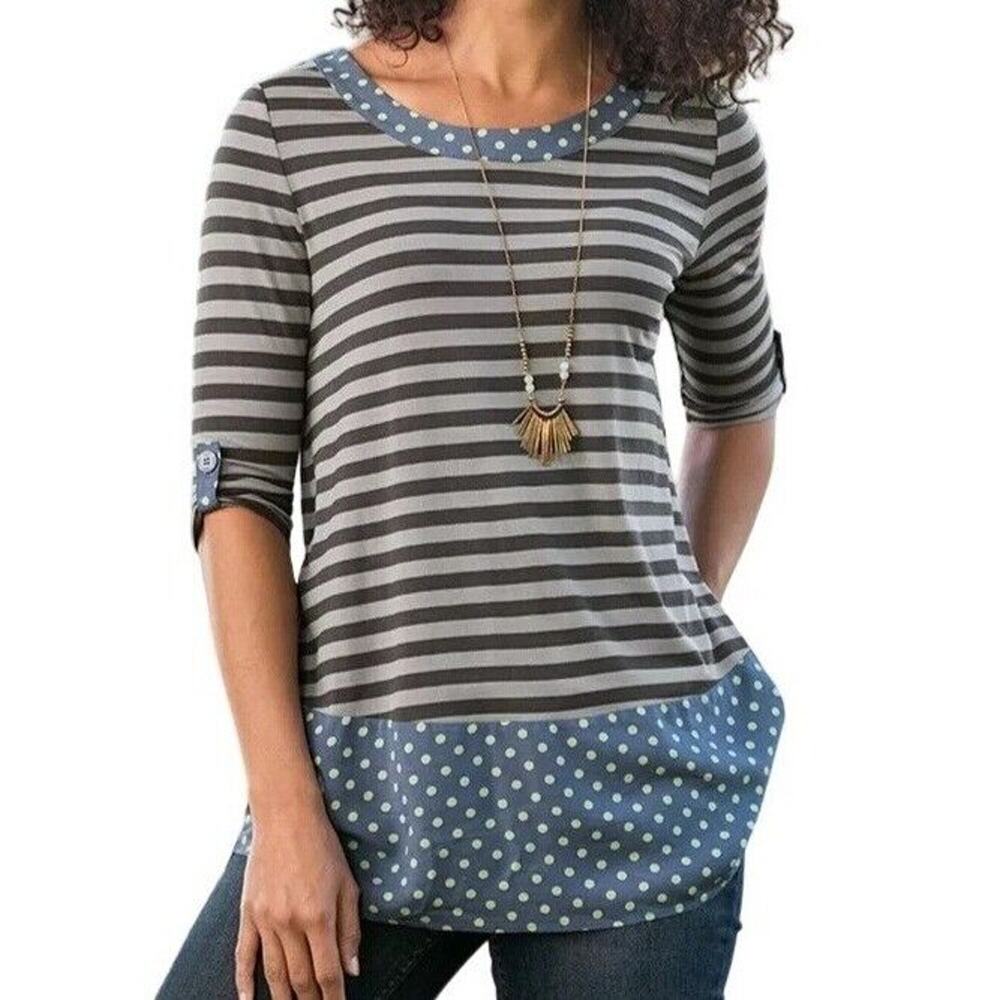 Matilda Jane Top Womens S Gray Blue Stripe‎ Polka Dot Lets Get Lost Blouse 3/4